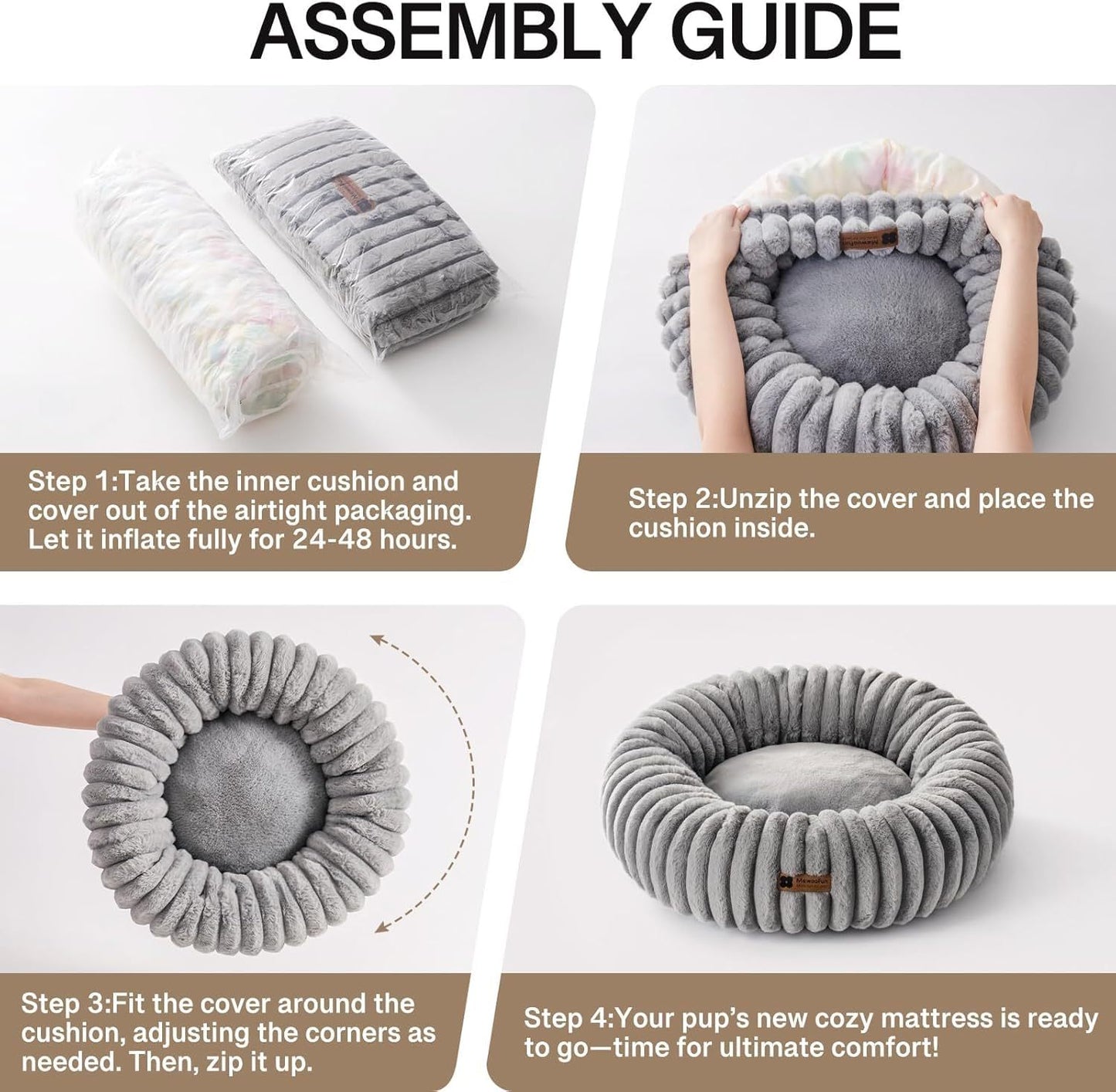 MJHOMEFINDER Cozy Paws Luxe Donut Bed – Fluffy Plush Nest for Cats & Small Pups - Grey