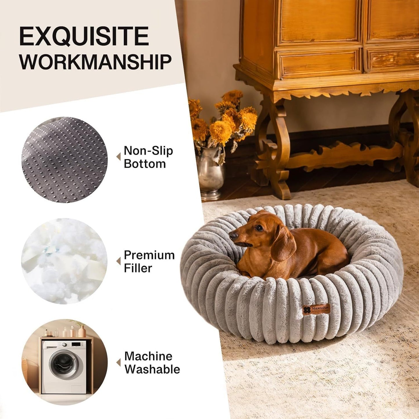 MJHOMEFINDER Cozy Paws Luxe Donut Bed – Fluffy Plush Nest for Cats & Small Pups - Grey
