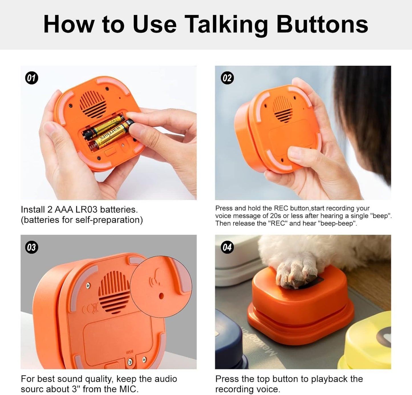 MJHOMEFINDER TalkBack Pet Button Set – 4-Piece Recordable Training Kit