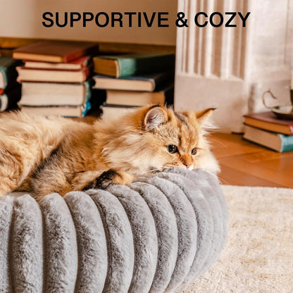 MJHOMEFINDER Cozy Paws Luxe Donut Bed – Fluffy Plush Nest for Cats & Small Pups - Grey