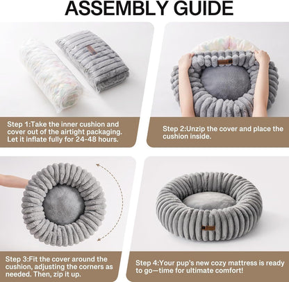 MJHOMEFINDER Cozy Paws Luxe Donut Bed – Fluffy Plush Nest for Cats & Small Pups - Grey