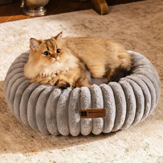 MJHOMEFINDER Cozy Paws Luxe Donut Bed – Fluffy Plush Nest for Cats & Small Pups - Grey